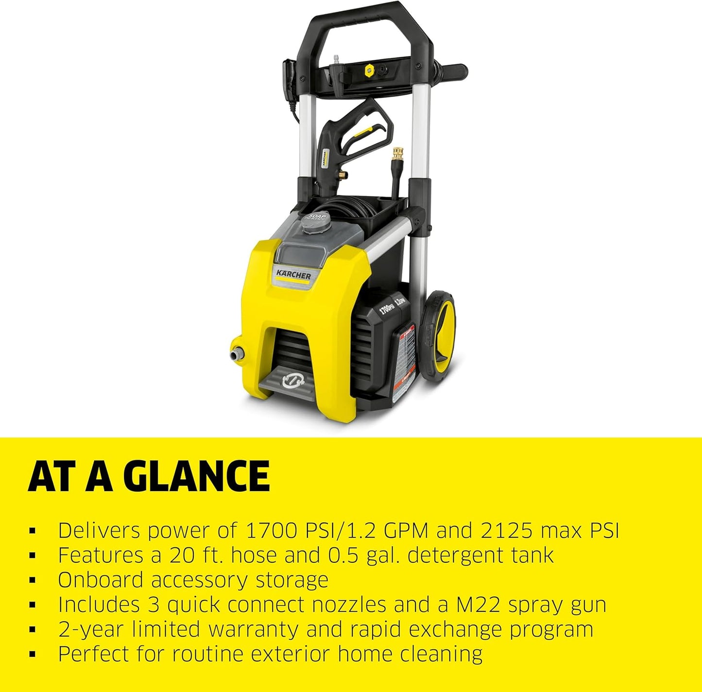 Kärcher Electric Pressure Washer K1700, 2125 PSI Max Pressure, 3 Nozzles, Detergent Tank, 1.46 GPM Max Flow