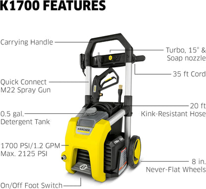Kärcher Electric Pressure Washer K1700, 2125 PSI Max Pressure, 3 Nozzles, Detergent Tank, 1.46 GPM Max Flow